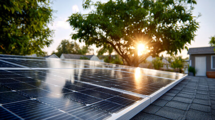Solar panels mounted on a residential roof, reflecting sunlight with a faint grid pattern visible on their surface, with a blurred background