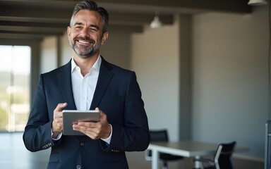 Happy middle aged business man ceo wearing suit standing in office using digital tablet. Smiling mature businessman professional executive manager looking away thinking working on tech device.