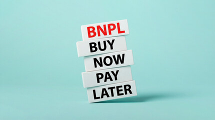 Buy now, pay later (BNPL) concept displayed with stacked blocks featuring bold text on a soft blue background, illustrating modern payment options for consumers