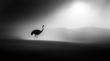 Naklejka premium Silhouette of Ostrich in Desert Landscape; Dramatic Light