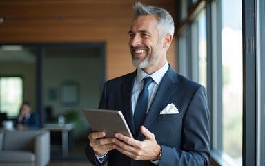 Happy middle aged business man ceo wearing suit standing in office using digital tablet. Smiling mature businessman professional executive manager looking away thinking working on tech device.