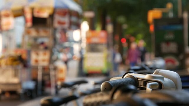 Manhattan Midtown street New York City, United States. Rental bicycle parking, Central Park West summer trees greenery. Bike for rent in row. People pedestrian on sidewalk pavement. Hot dog fast food.