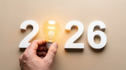 Hand holding light bulb near 2026 numbers on neutral background, symbolizing new beginnings and innovative ideas for the upcoming year
