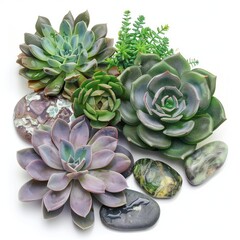 Obraz premium Colorful succulent plants growing on decorative stones, creating a miniature zen garden