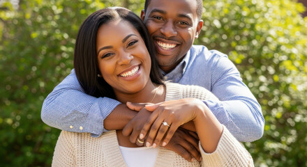Engaged couple joyfully embracing outdoors, showcasing love and connection in a vibrant natural setting with greenery in the background