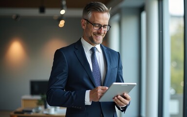 Happy middle aged business man ceo wearing suit standing in office using digital tablet. High quality