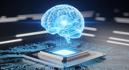 Futuristic digital brain hovering above a microprocessor, symbolizing the intersection of technology and artificial intelligence in modern computing