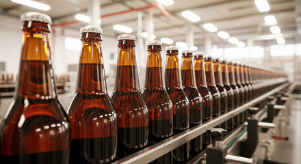 Bottles of amber beer lined up on a production conveyor belt in a modern brewery, showcasing the beverage manufacturing process and industrial design