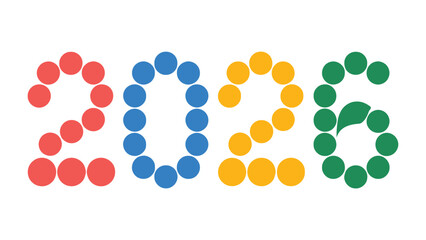 Year 2026 Typography: A colorful graphic design showcases the year 2026, composed of vibrant circles, perfect for calendars, event announcements, and futuristic concepts.