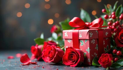 Gift box with red roses and decorative elements arranged for a celebration or special occasion in a cozy indoor setting