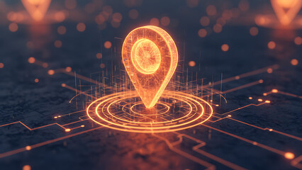 Glowing map pin with light trails represents destination. Location icon points travel route on terrain. GPS navigator shows geographic position. Digital pointer marks spot direction. GPS / Location