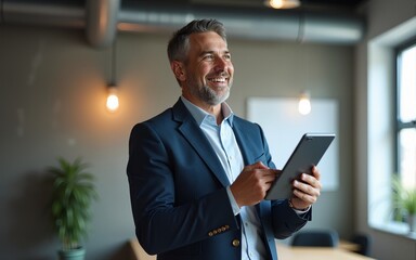 Happy middle aged business man ceo wearing suit standing in office using digital tablet. Smiling mature businessman professional executive manager looking away thinking working, generative ai