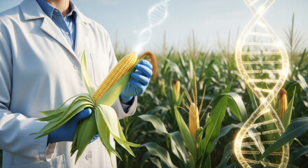 Scientist in lab coat examines corn cob in a field, showcasing agricultural innovation and genetic research in modern farming practices