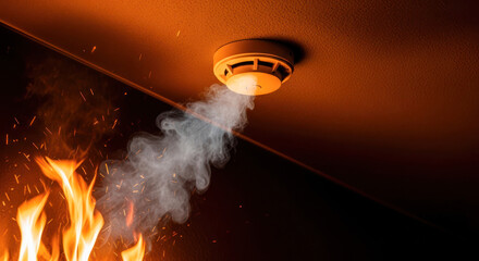 Smoke detector activated by fire, emitting smoke in a dark environment, highlighting safety measures and fire prevention awareness