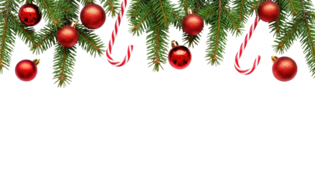 Festive Christmas decorations featuring red ornaments, candy canes, and evergreen branches with ample copy space for design. Isolated on transparent background