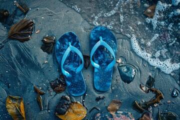 Pair of blue flip flops lying on wet sand with dry leaves near gentle ocean waves, evoking a relaxing beach vacation