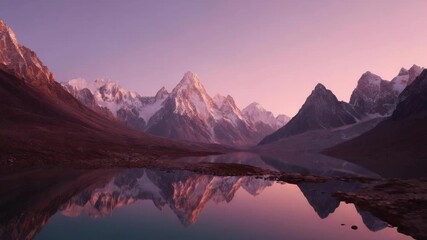 Snow-capped mountains mirrored in a glassy alpine lake at sunset with a pink-purple sky.