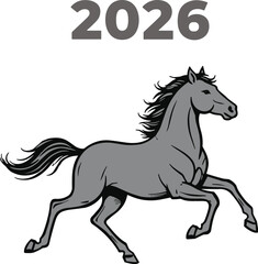 Vector illustration of a running grey horse representing the Chinese zodiac symbol for the New Year 2026 isolated on white background.