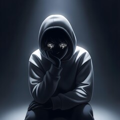 Contemplative Phantom in Ambient Radiance: A Minimal Digital Illustration of a Shadowed Figure Reflecting Endless Curiosity, and Profound Solitude, Mysteriously