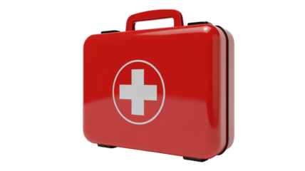 Essential bright red first aid kit with prominent white cross isolated against stark black background for medical concepts isolated on white background