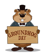Groundhog Day Cartoon Character Vector - Cute Marmot in Suit and Top Hat Holding Wooden Sign.