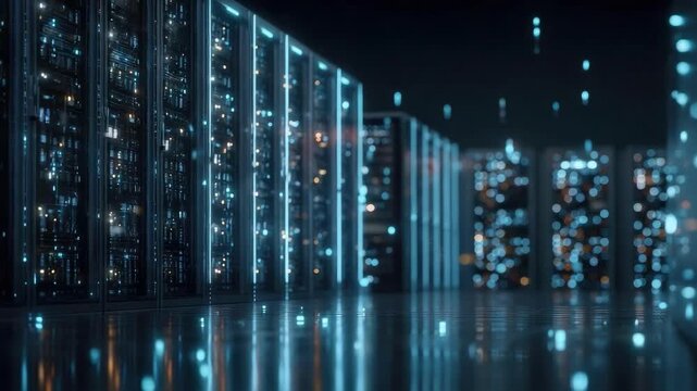 Rows of blue-lit server racks in a data center with reflections on the glossy floor.