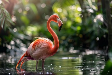 Flamingo with pink and orange feathers standing in shallow water with lush green foliage in the background
