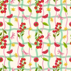 A girly and cute Seamless Pattern design featuring red cherry tomatoes and flowers and pink ribbons