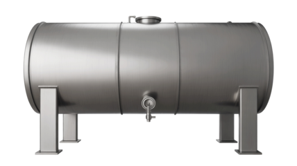 Sleek stainless steel horizontal pressure vessel stands ready for industrial liquid storage or processing isolated on white background