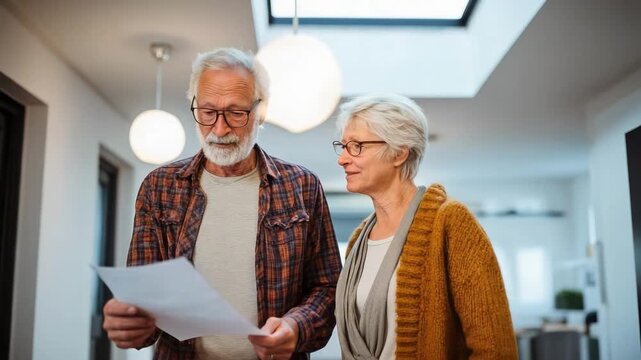 Two seniors review a document together in a bright, modern office setting.