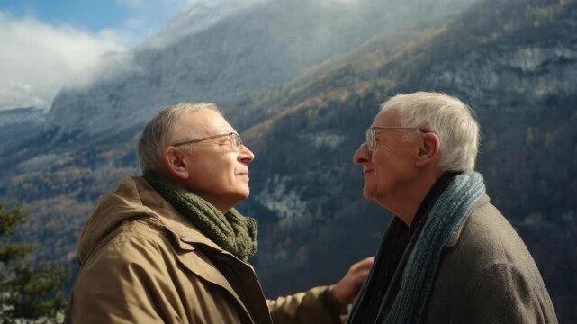 Two older men share a tender moment outdoors, one cradling the other's face as mountains rise in the background.