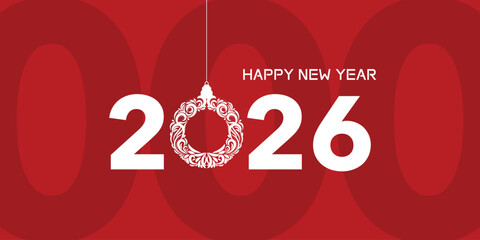 Happy New Year 2026 Banner with Decorative Ornament on Red Background