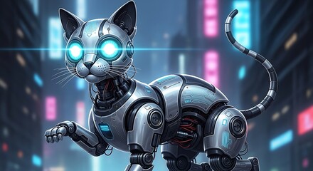 Futuristic Cybernetic Cat with Glowing Eyes in a Neon-Lit Cityscape at Night.