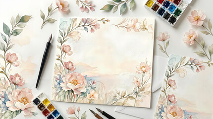 Watercolor floral illustration with peonies and leaves, hand-drawn, creative products, creative postcard design, for stationery and crafts, with space for text