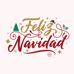 Feliz Navidad Spanish Christmas design with bright red festive text, stars, ornaments, and a Santa hat, ideal for greeting cards, banners, and holiday social media posts.