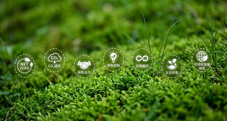 Sustainable development holographic icons (recycle, organic, energy-saving) over green moss background: Symbol of environmental protection, eco-friendliness, and carbon neutrality. Natural greenery 