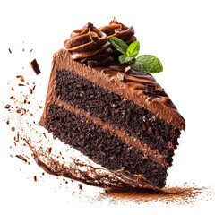 A slice of chocolate cake with green mint leaves on top