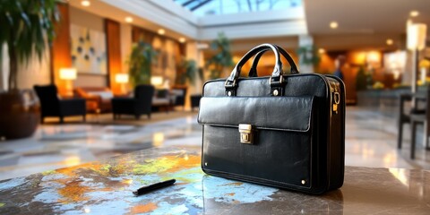 A sleek black briefcase sits on a stylish table in a modern lobby, surrounded by comfortable seating and vibrant greenery, suggesting a professional atmosphere.