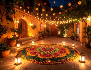 Obraz premium Festive courtyard at twilight with a vibrant circular floral design and strung lights