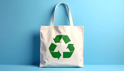 A white eco-friendly tote bag with a green recycling symbol hangs against a smooth blue wall, softly lit to highlight its texture, sustainable message, and clean minimalist design.