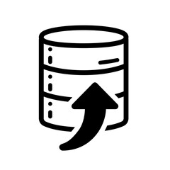 Database with curved upward path indicating controlled upload operations, structured migration, progressive export, and managed outbound data movement in digital environments.
