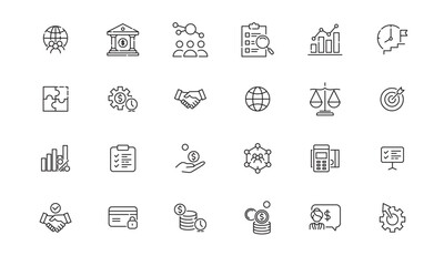 Business-themed symbolic icons representing finance, teamwork, and strategy in digital workspace mockup, icon category