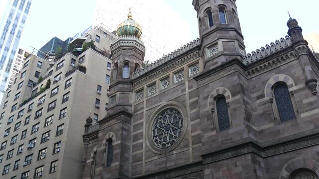 New York Central Synagogue historic building 1872, Lexington avenue, United States of America. Jewish congregation in Manhattan. Judaism religion landmark. Turret with Star of David ornament. Heritage