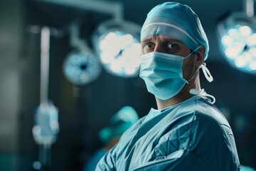 Confident surgeon wearing surgical mask and cap standing with arms crossed in operating room
