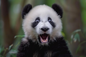 Fototapeta premium Close up of a surprised baby giant panda roaring in the forest, with wide open eyes and mouth