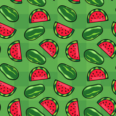 Checkered background with watermelon, a large berry, on a green background. Vector cute cartoon hand drawing. Perfect for print, children's clothing, wallpaper, packaging, scrapbooking