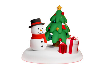 Cute 3D snowman and Christmas tree with gift boxes on snow podium, happy festive holiday celebration concept, cartoon render isolated on transparent background