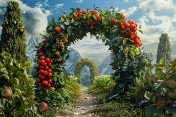 Naklejka premium Lush green archway adorned with fruits and vegetables leads to a picturesque mountain path, creating a vibrant and inviting scene