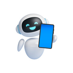 Cute 3D robot character holding smartphone with blank screen, happy friendly AI assistant showing mobile app display, isolated render