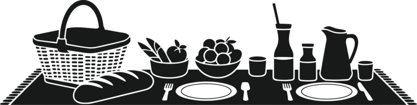 Black and white illustration of a picnic spread with basket bread fruit drinks and place settings